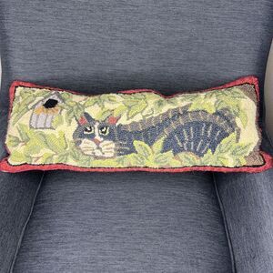 Hooked Wool Lumbar Pillow Folk Art Cat Birdhouse 23.5” X 8” Cottagecore READ
